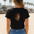 Black t-shirt featuring a half-lion, half-human face graphic.