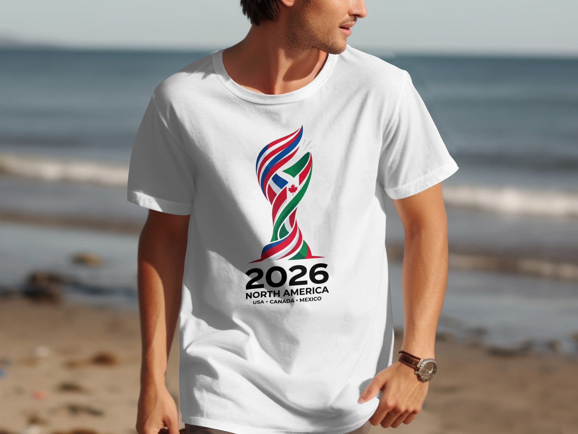 White t-shirt featuring the 2026 FIFA World Cup North America USA Canada Mexico logo.