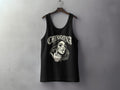 Black tank top with a graphic of a woman making a middle finger gesture.