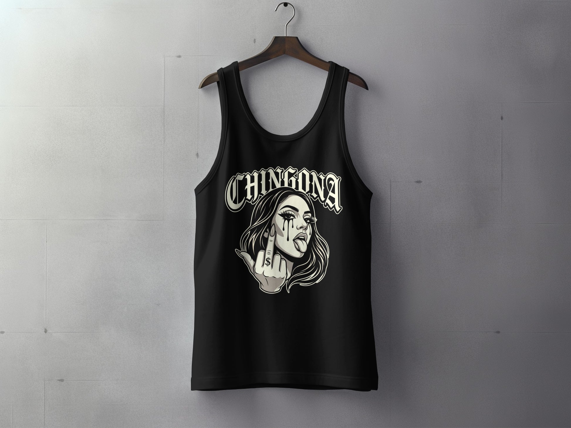 Black tank top with a graphic of a woman making a middle finger gesture.