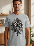 Grey t-shirt with a black and white rose design and 