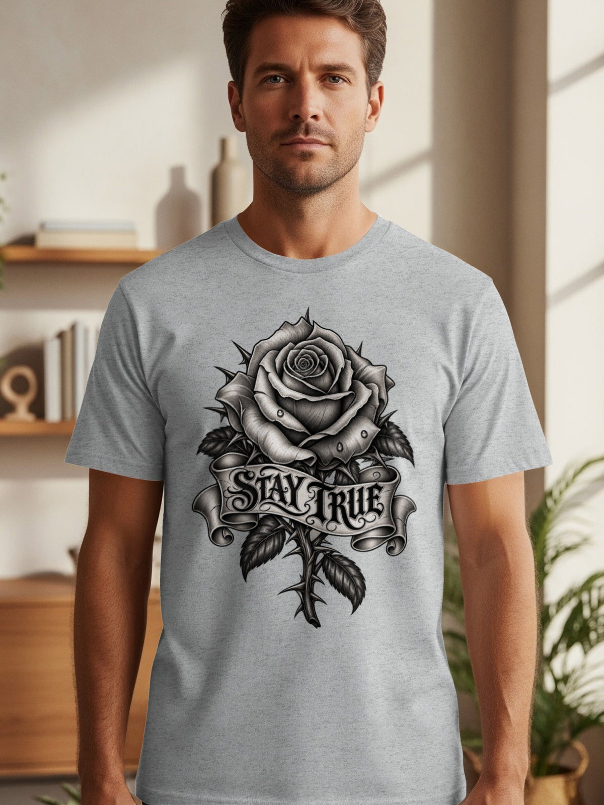 Grey t-shirt with a black and white rose design and "STAY TRUE" banner.
