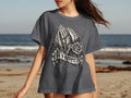 Gray t-shirt with praying hands, rosary, rose, and 