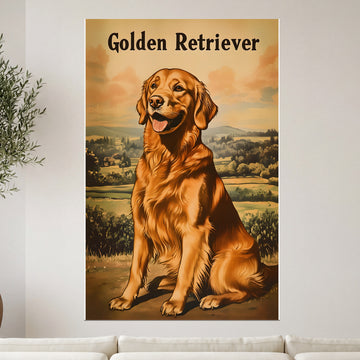 Golden Retriever sitting in a scenic landscape, poster art.