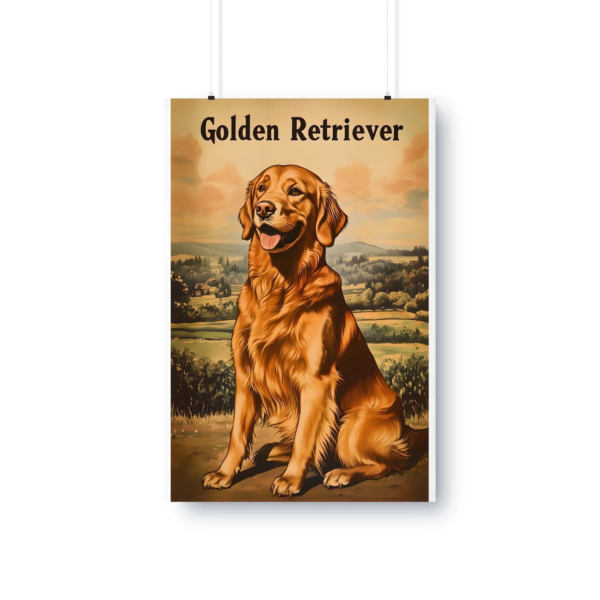 Golden Retriever dog sitting in a landscape with text "Golden Retriever" above.
