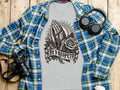 Grey t-shirt with praying hands, rosary, rose, and 
