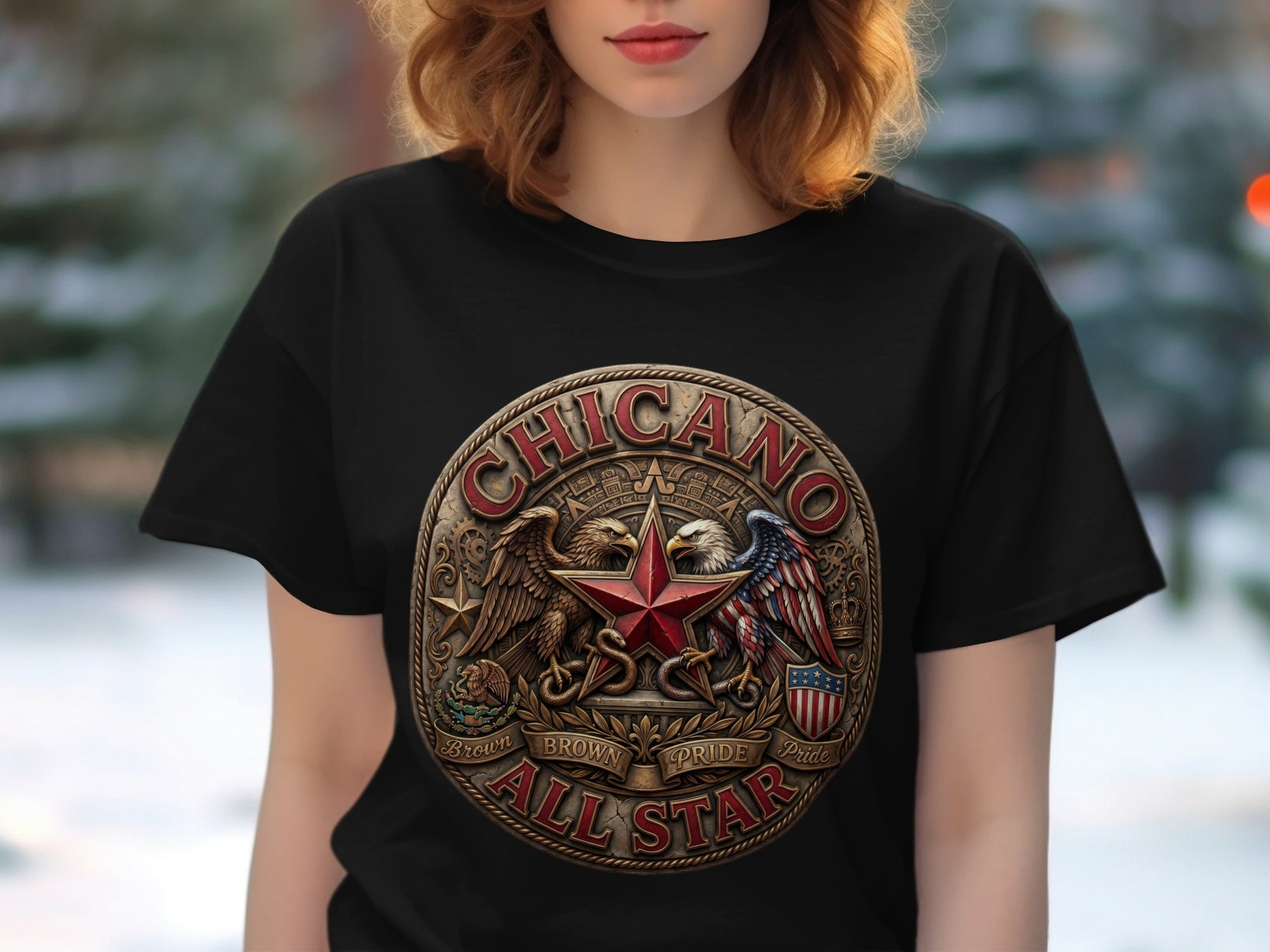 Black t-shirt featuring a circular Chicano All Star logo with eagles and stars.