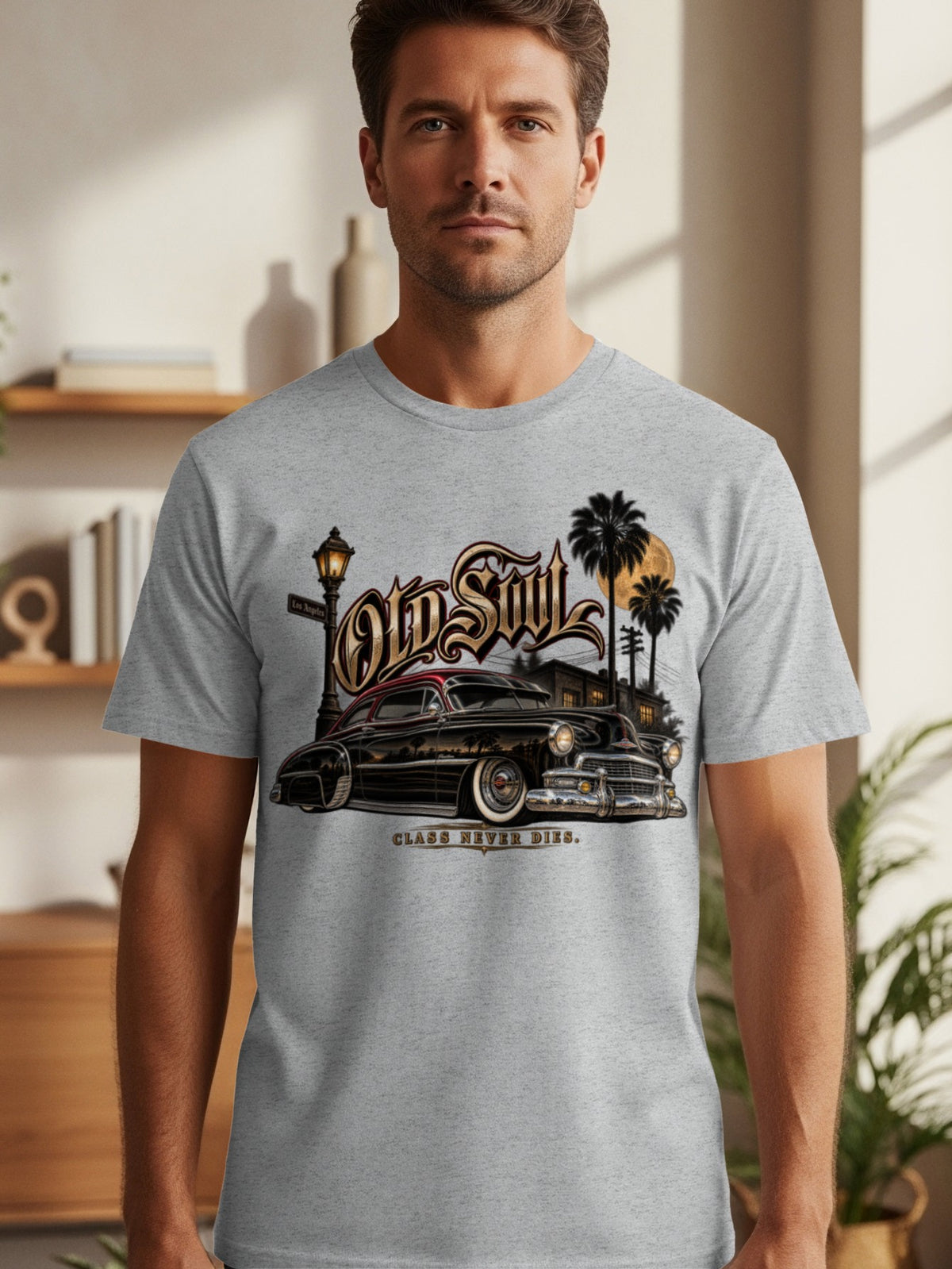 Grey t-shirt with "Old Soul Class Never Dies" text and a vintage car design.