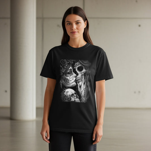 Black t-shirt with Day of the Dead skulls and rose design.