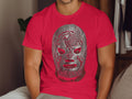 Red t-shirt with a metallic silver lucha libre mask graphic and 