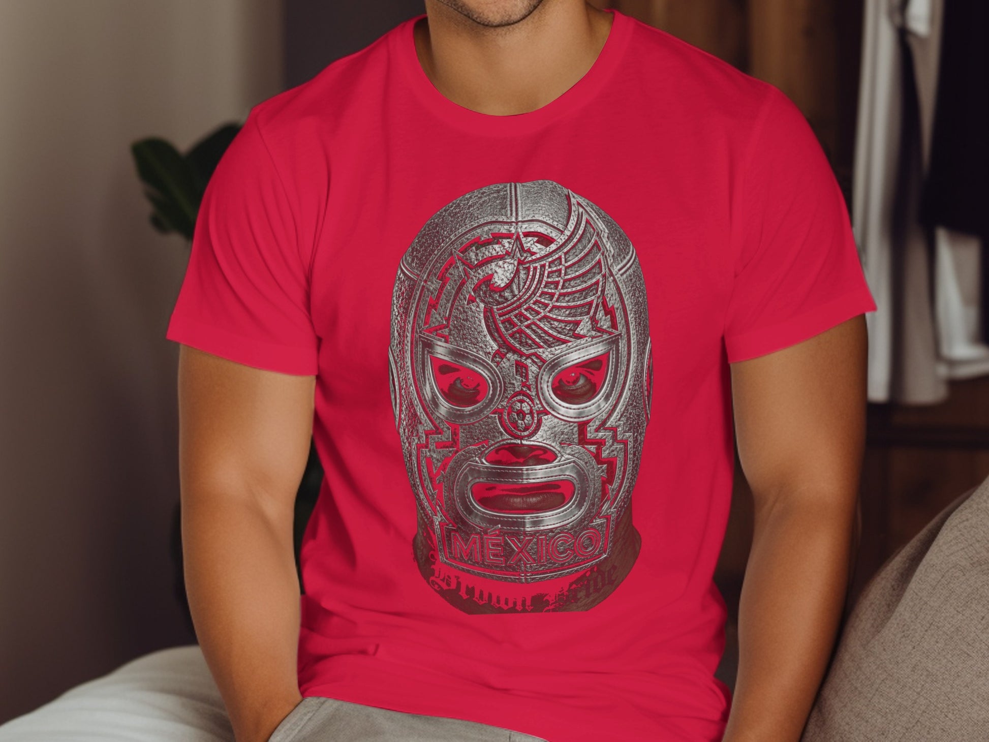 Red t-shirt with a metallic silver lucha libre mask graphic and "Mexico" text.
