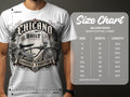 Gildan 5000 heavy cotton t-shirt size chart with lowrider graphic.