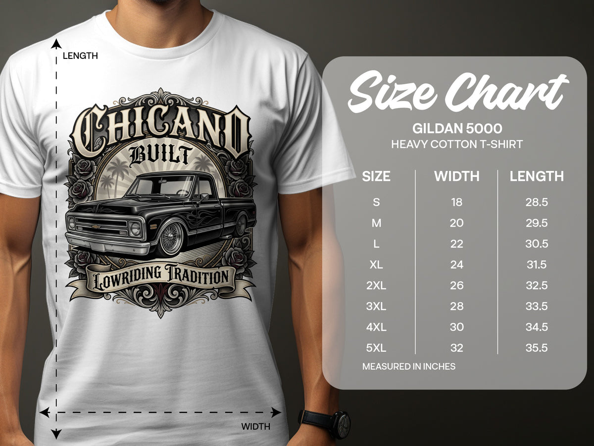Gildan 5000 size chart showing width and length measurements for t-shirts.