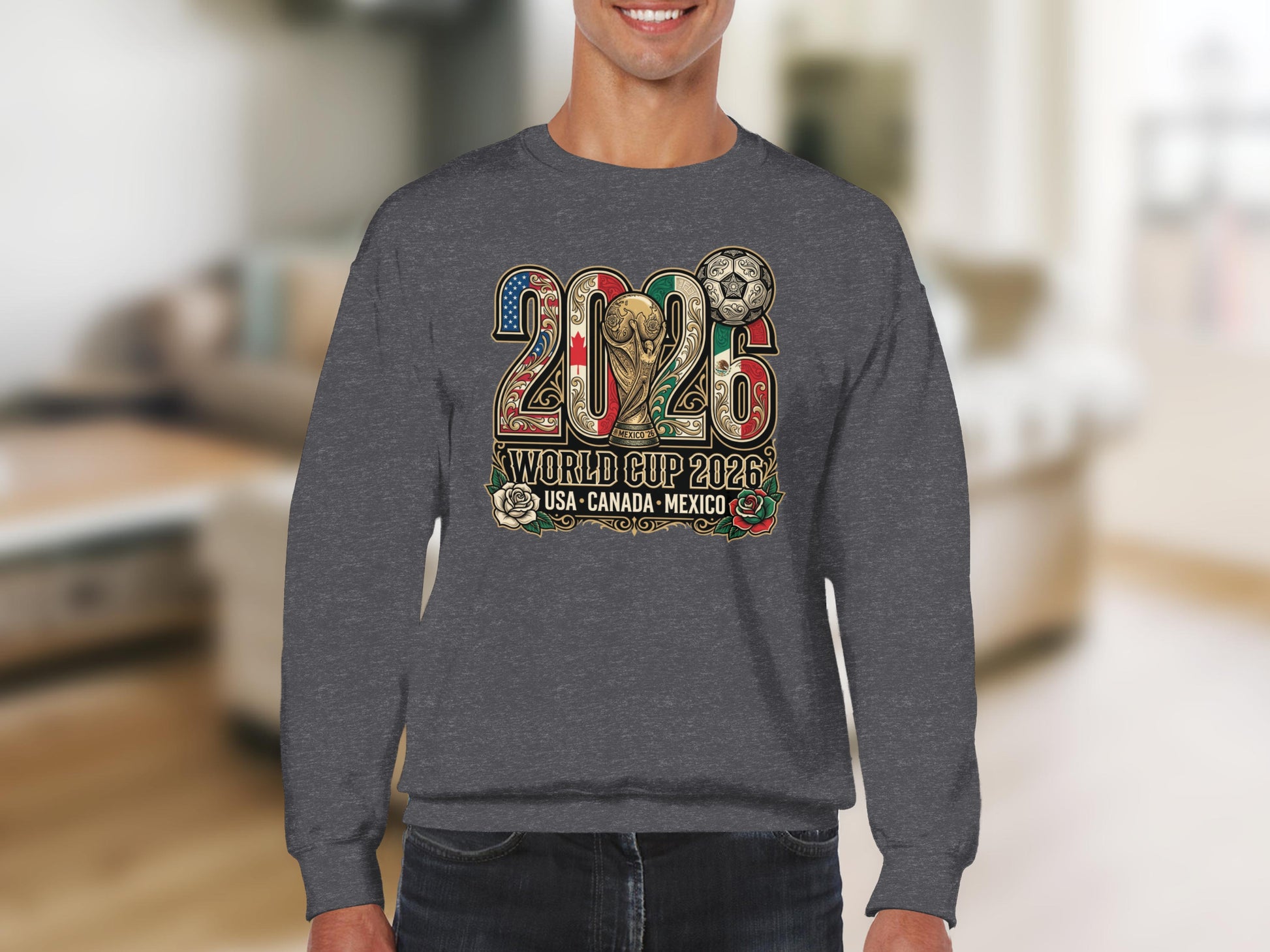 2026 World Cup USA Canada Mexico graphic on a charcoal sweatshirt.