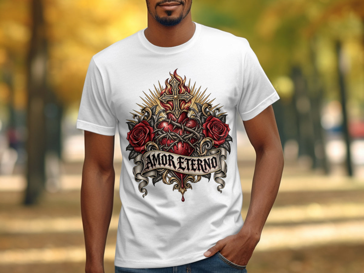 White t-shirt with a Sacred Heart design featuring roses and "Amor Eterno" text.