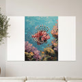 Vibrant lionfish swims near colorful coral reef in textured oil painting.