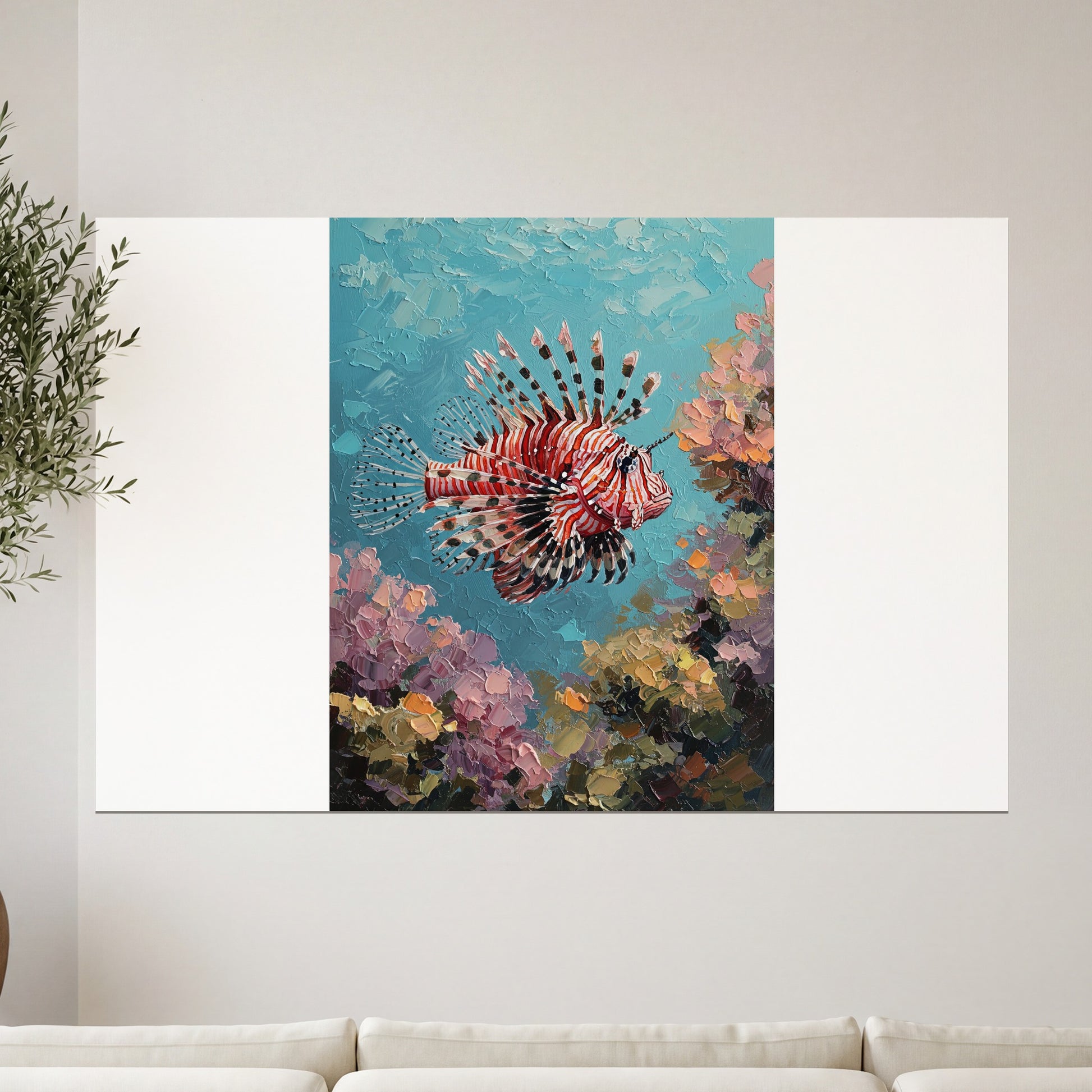 Vibrant lionfish swims near colorful coral reef in textured oil painting.