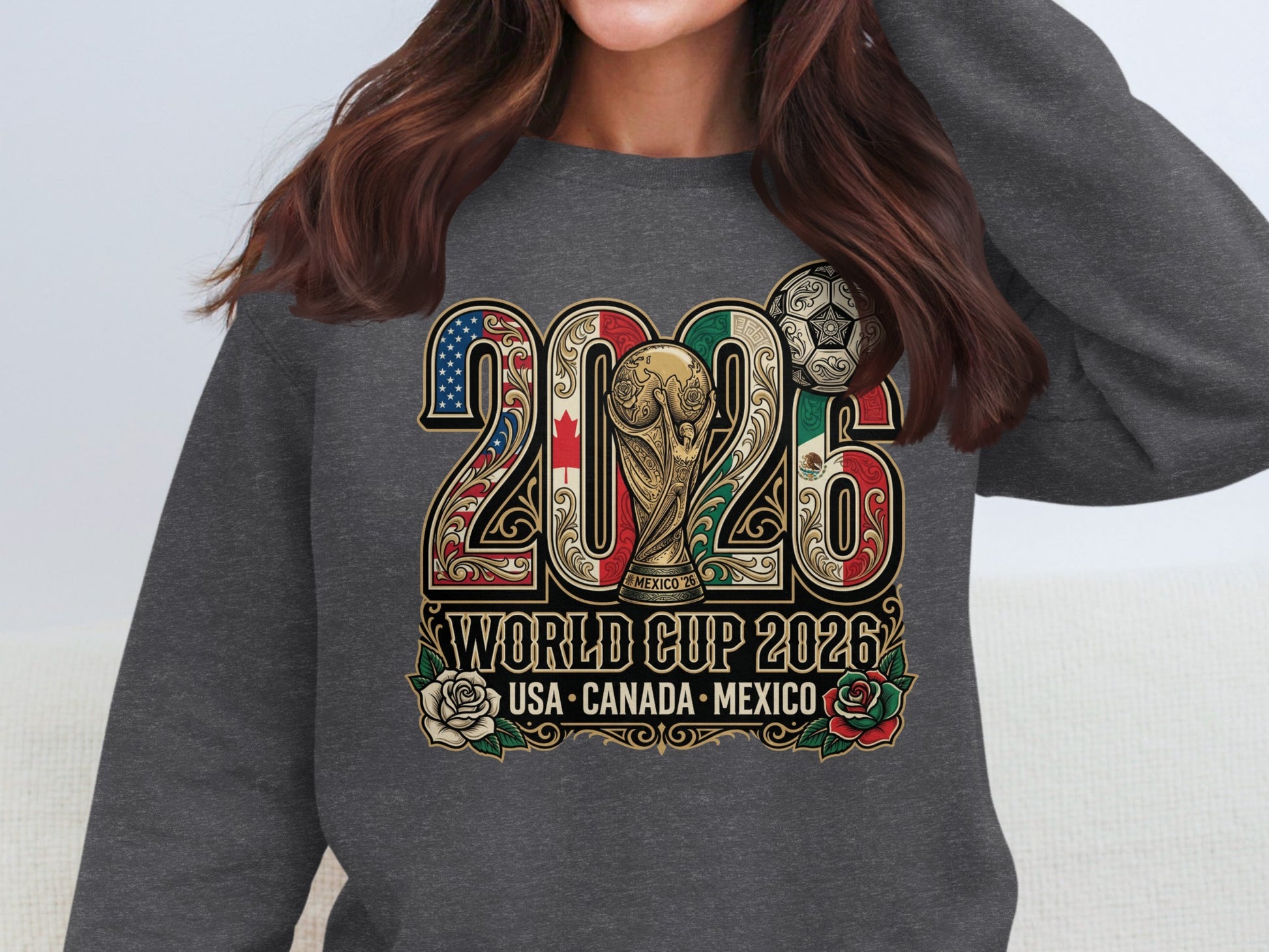 2026 World Cup graphic with trophy, flags of USA, Canada, and Mexico.