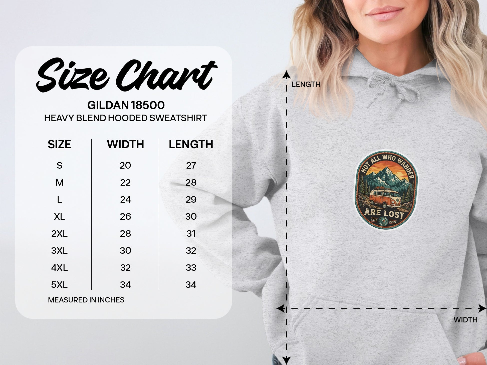 Gildan 18500 size chart for hooded sweatshirt with width and length measurements.