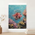 Impressionistic painting of a red and white lionfish amidst colorful coral.