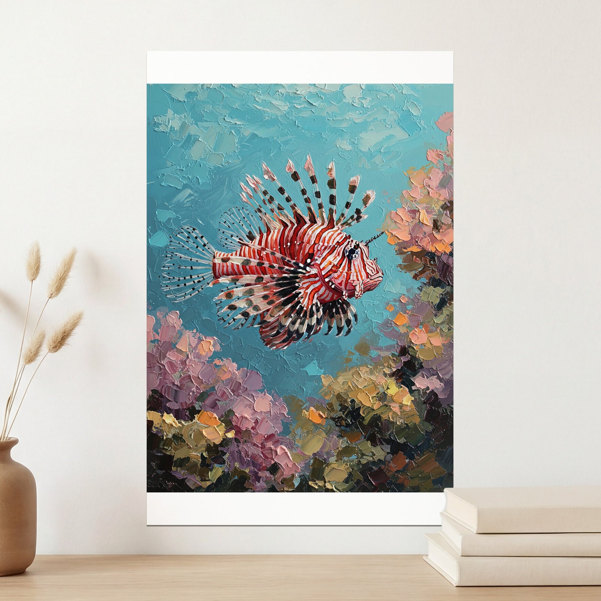 Impressionistic painting of a red and white lionfish amidst colorful coral.