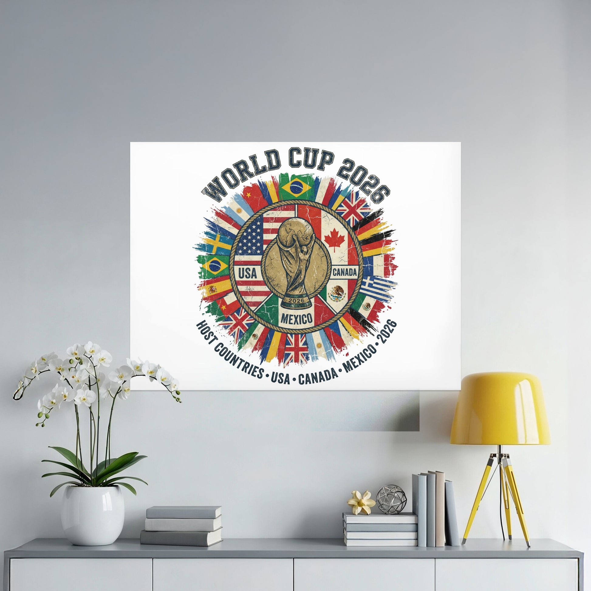 World Cup 2026 logo with flags of host countries USA, Canada, Mexico.