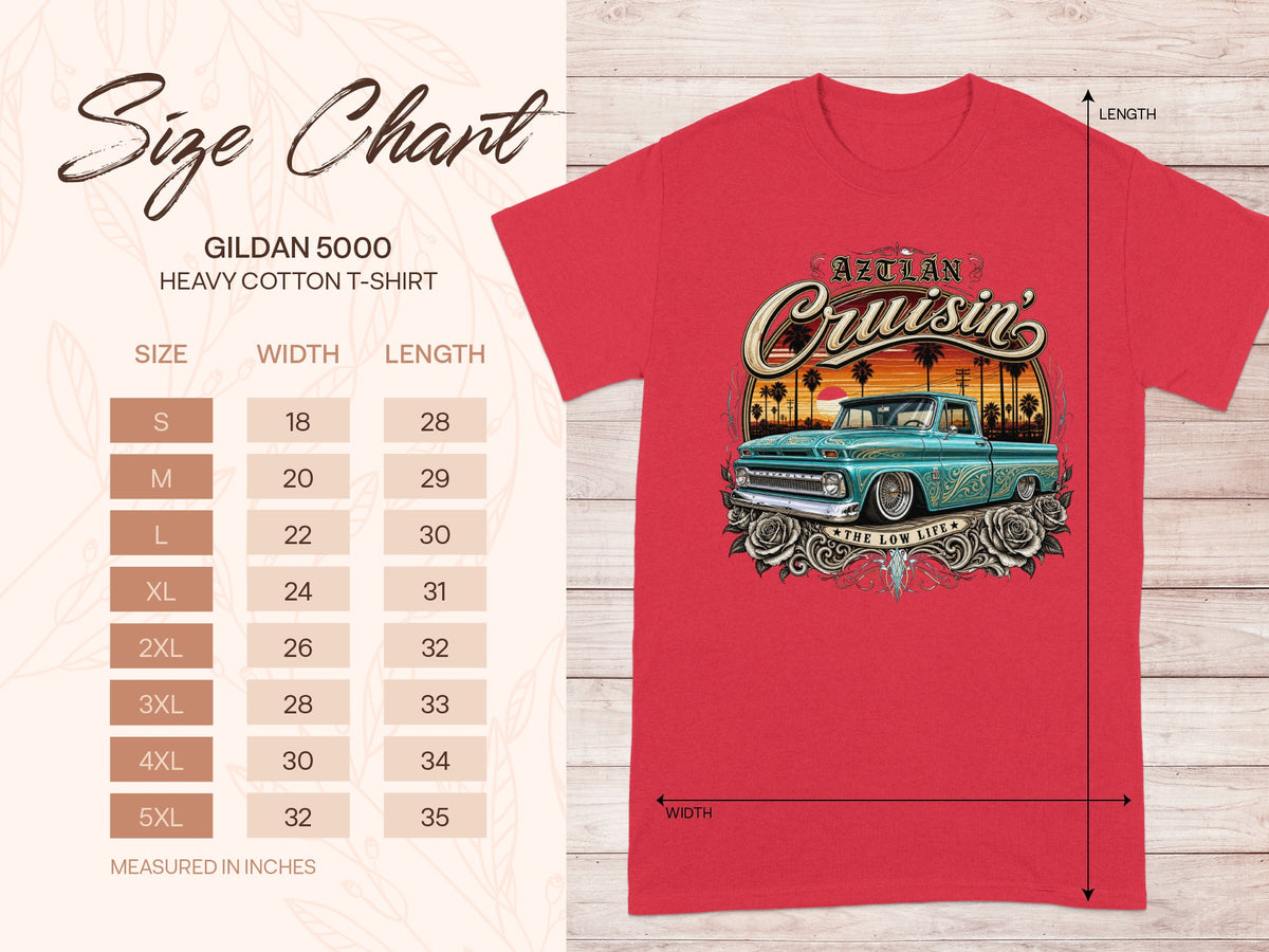 Gildan 5000 heavy cotton t-shirt size chart with red shirt featuring a vintage truck graphic.