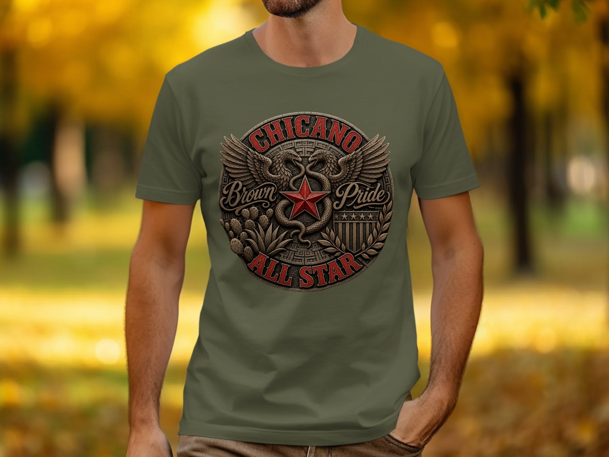 Green t-shirt with "Chicano Pride Brown Star All Star" emblem.