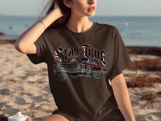 Brown t-shirt with "Stay True" and a classic car with "Never Switch Sides".
