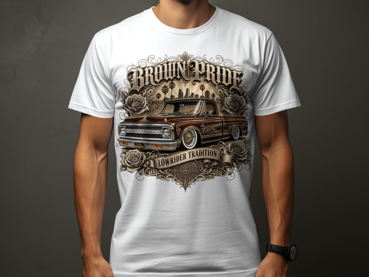 Brown Pride Lowrider Tradition graphic with a vintage truck and roses on a white t-shirt.