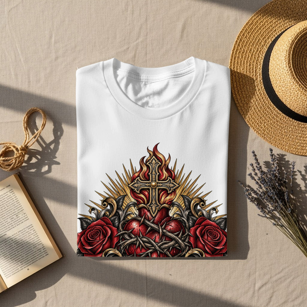 White t-shirt with Sacred Heart, cross, flames, roses, and thorns design.