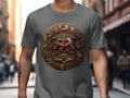 Embroidered CHICANO ALL STAR emblem with eagles on a gray t-shirt.
