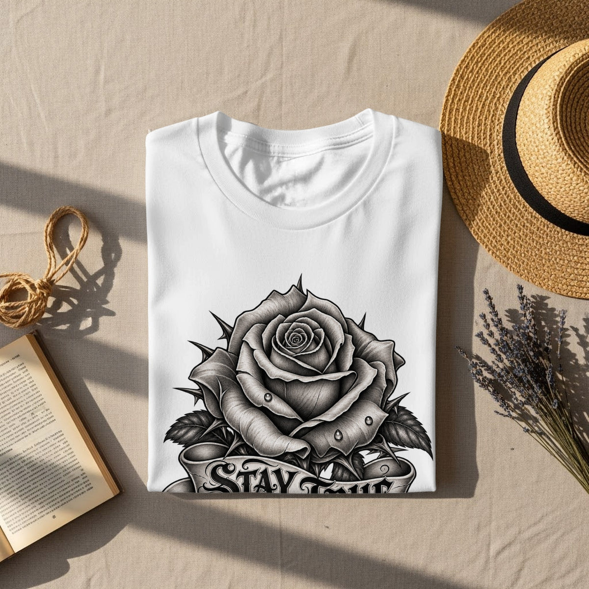 White t-shirt with a black and white rose graphic and "STAY TRUE" banner.