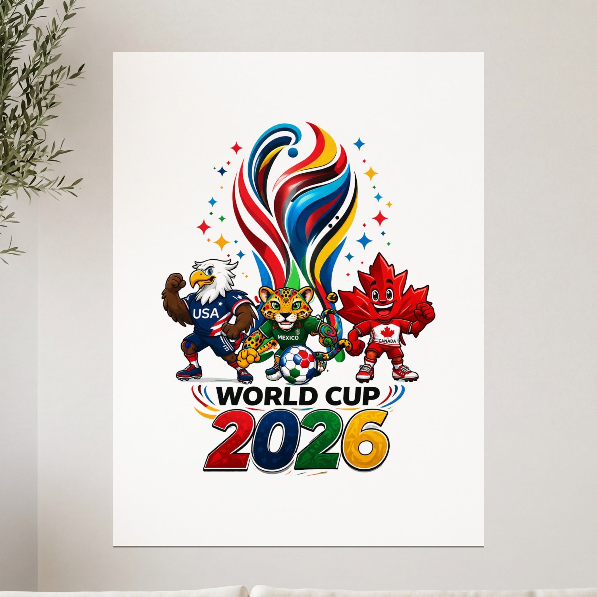 Three mascots representing USA, Mexico, and Canada for the 2026 World Cup.
