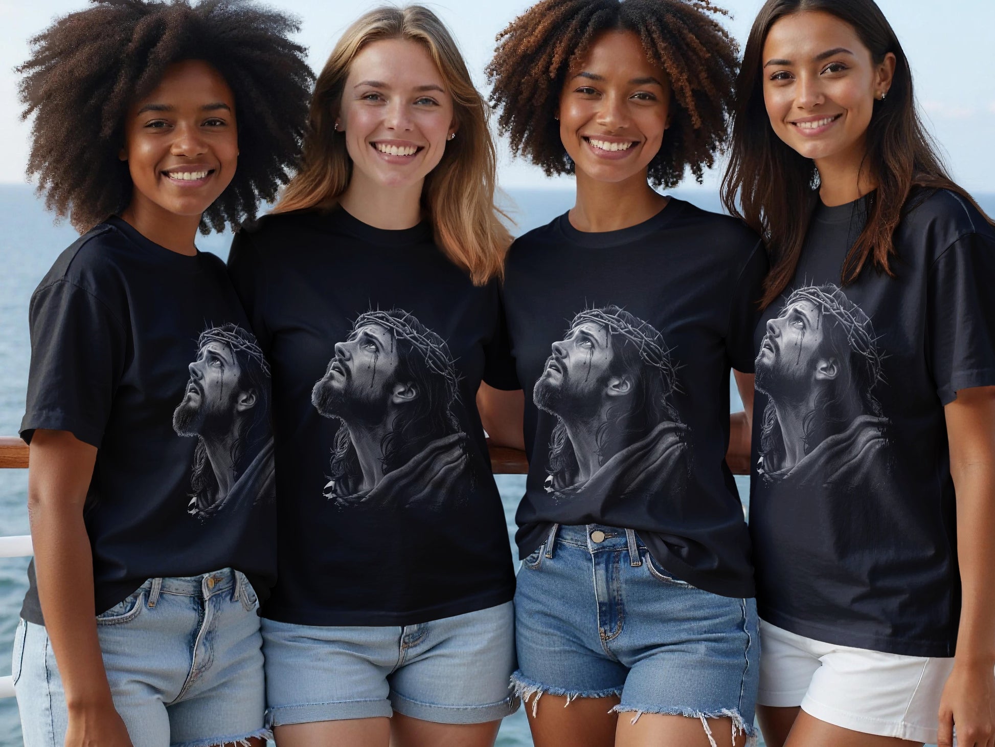 Four smiling women wear black t-shirts with a Jesus crown of thorns graphic.
