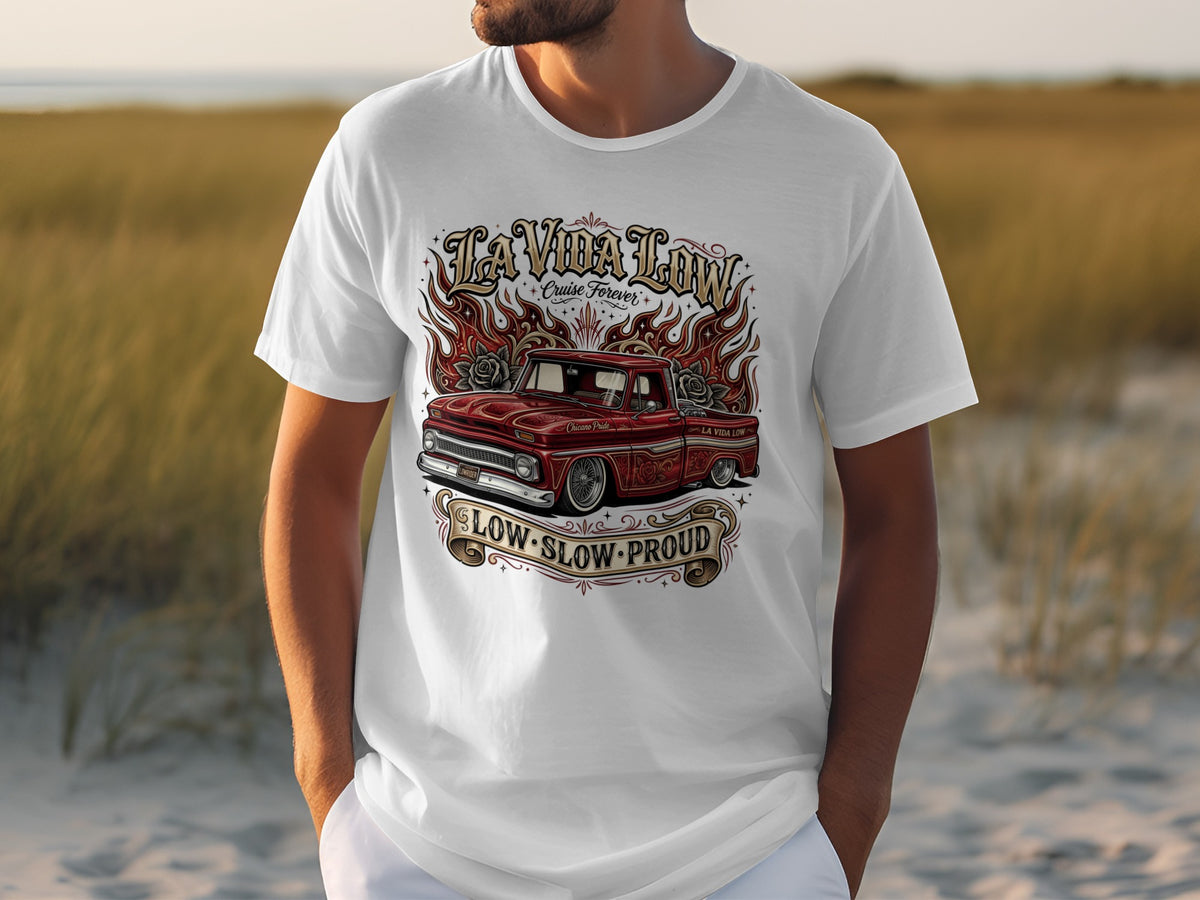 White t-shirt with a red lowrider truck graphic featuring flames and text.