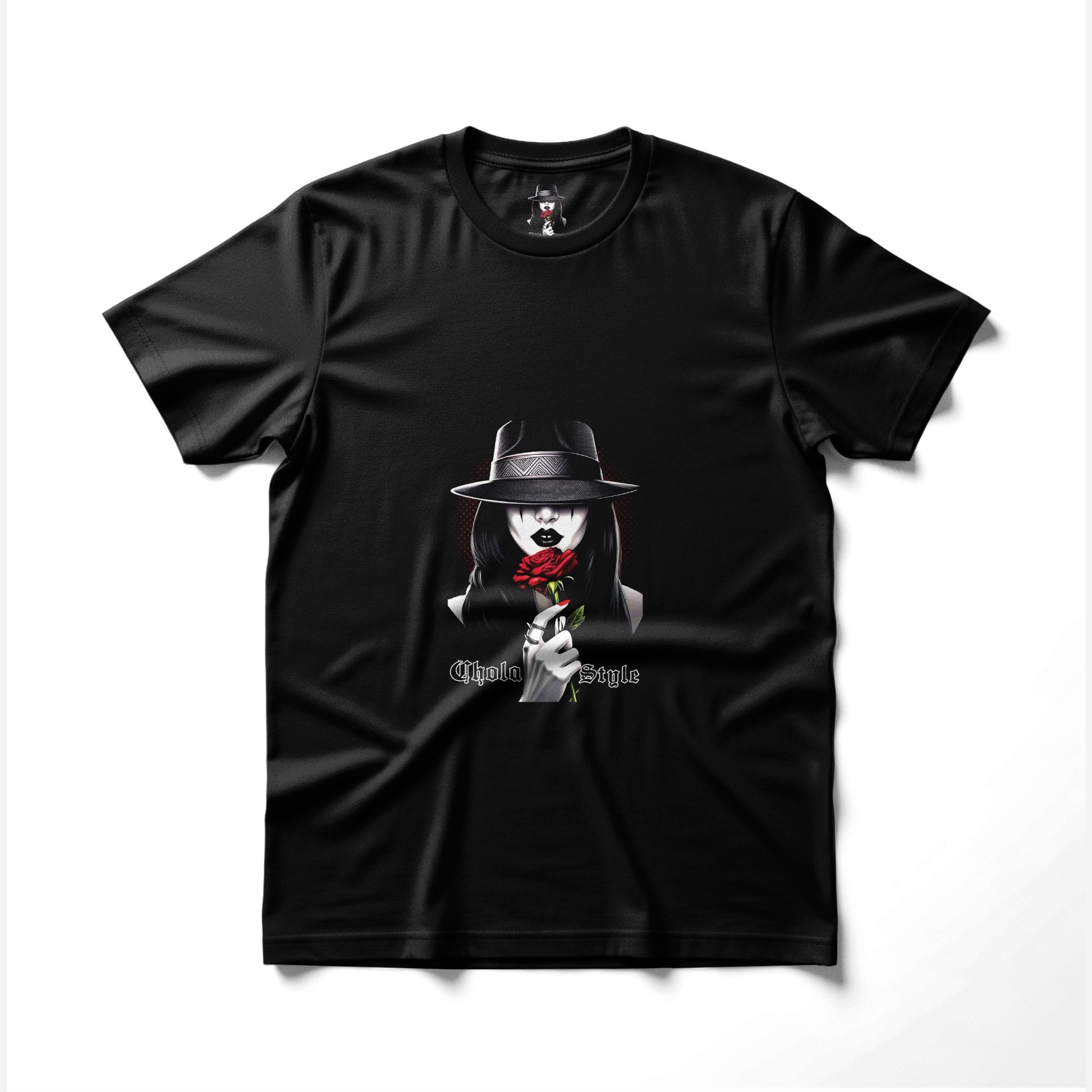 Black t-shirt with a graphic of a woman in a hat holding a red rose.