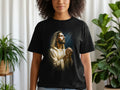 Jesus wearing a robe, hands clasped in prayer, looking upwards.