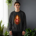 Black sweatshirt with a flaming Sacred Heart of Jesus graphic.