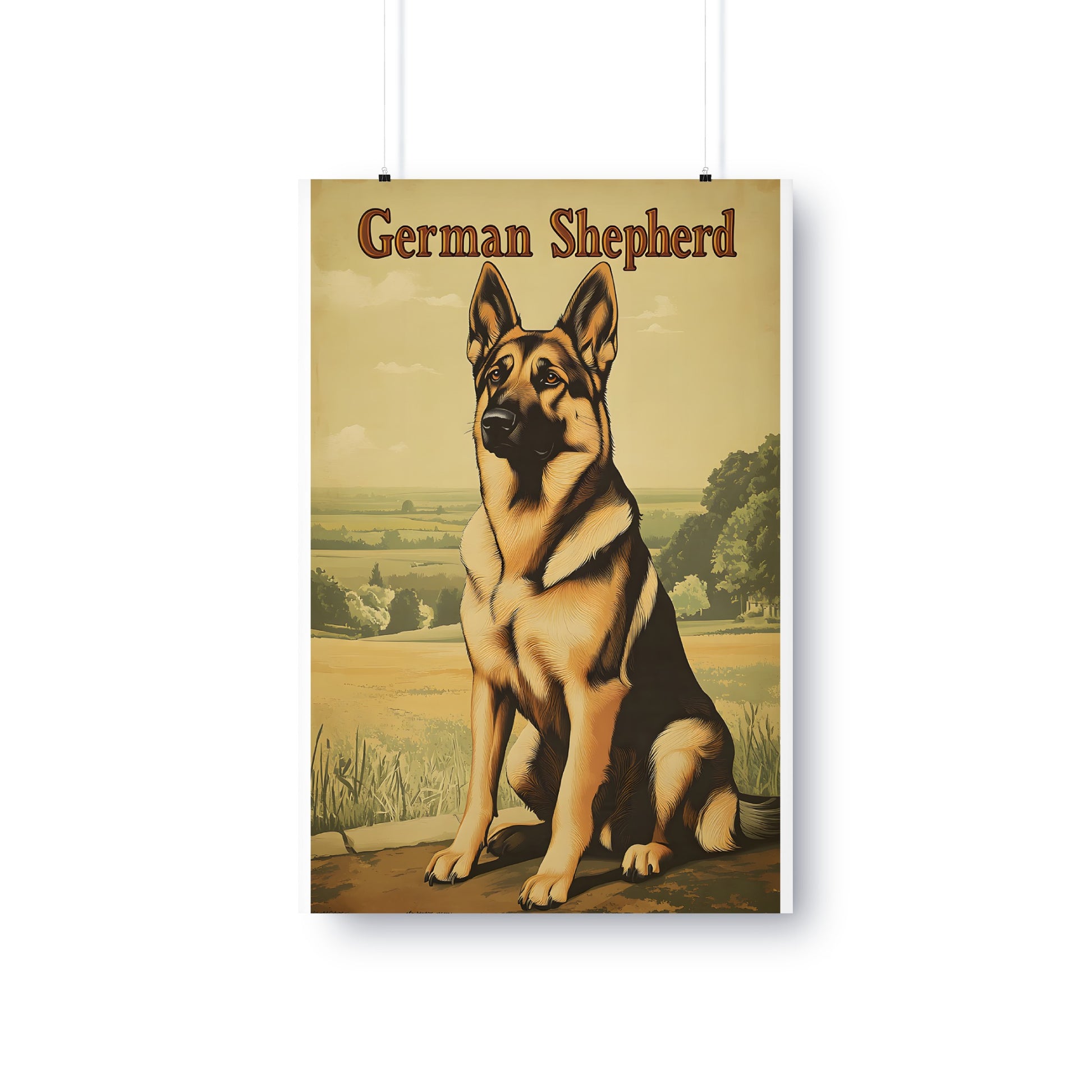 German Shepherd dog portrait with "German Shepherd" text above.