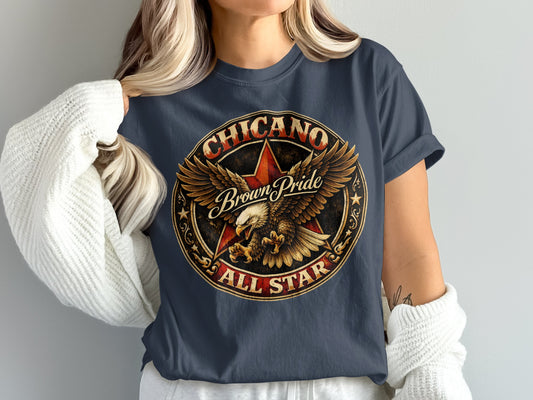 Chicano Brown Pride All Star eagle and star graphic t-shirt.