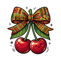 Two red cherries with a colorful, patterned bow tied between them.