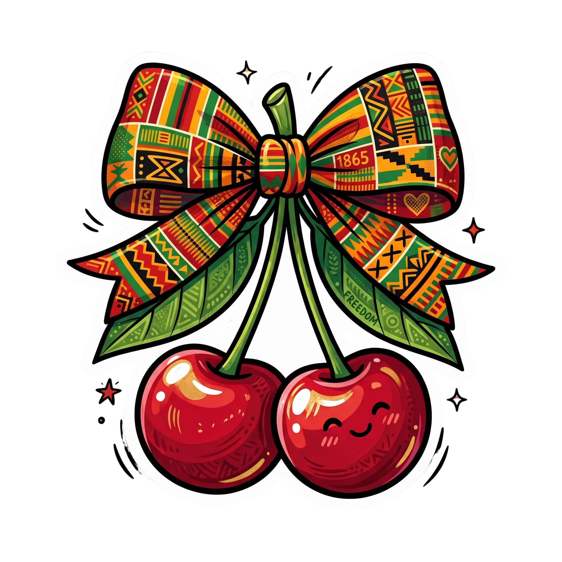 Two red cherries with a colorful, patterned bow tied between them.
