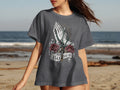 Dark grey t-shirt with praying hands, rosary, roses, and 