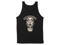 Black tank top with a grayscale illustration of a woman's face with tears and a middle finger.