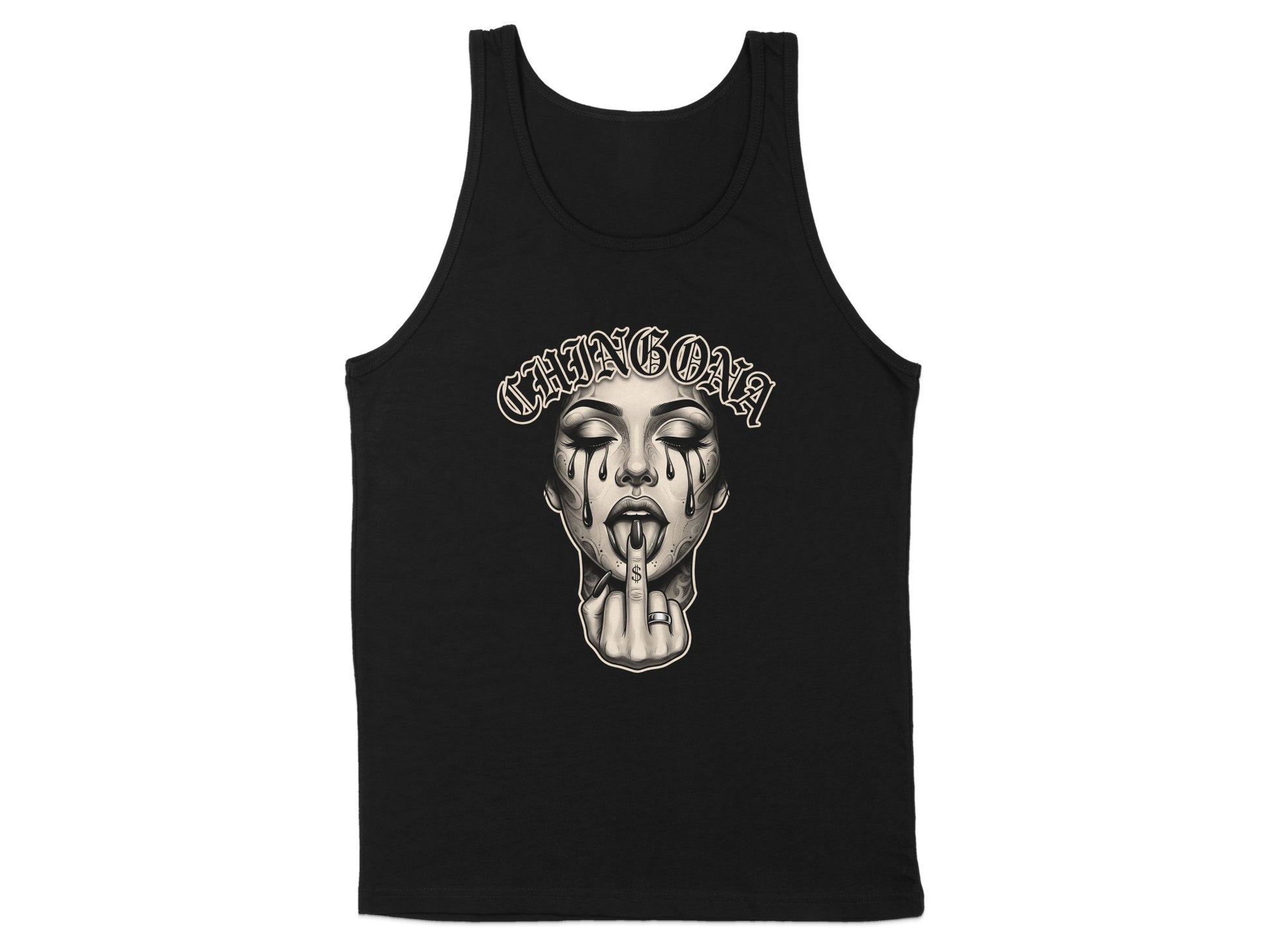 Black tank top with a grayscale illustration of a woman's face with tears and a middle finger.