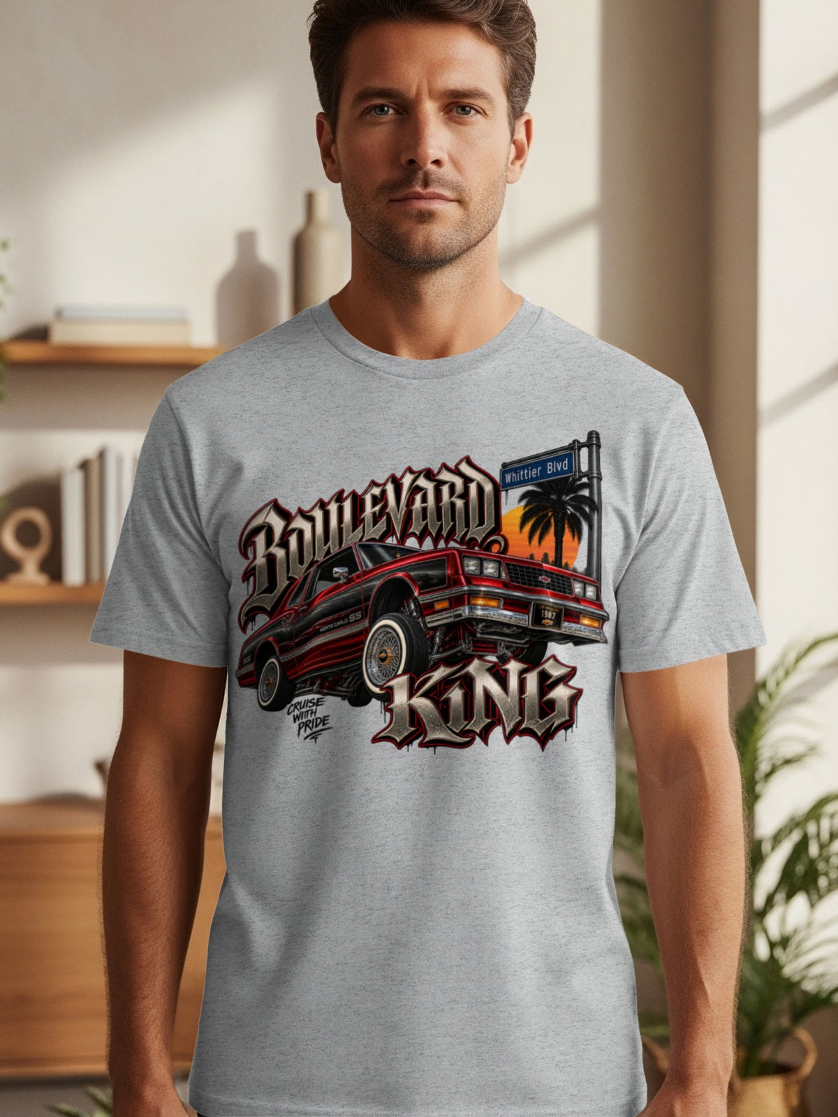 T-shirt graphic of a red classic car and "Boulevard King" text with Whittier Blvd sign.