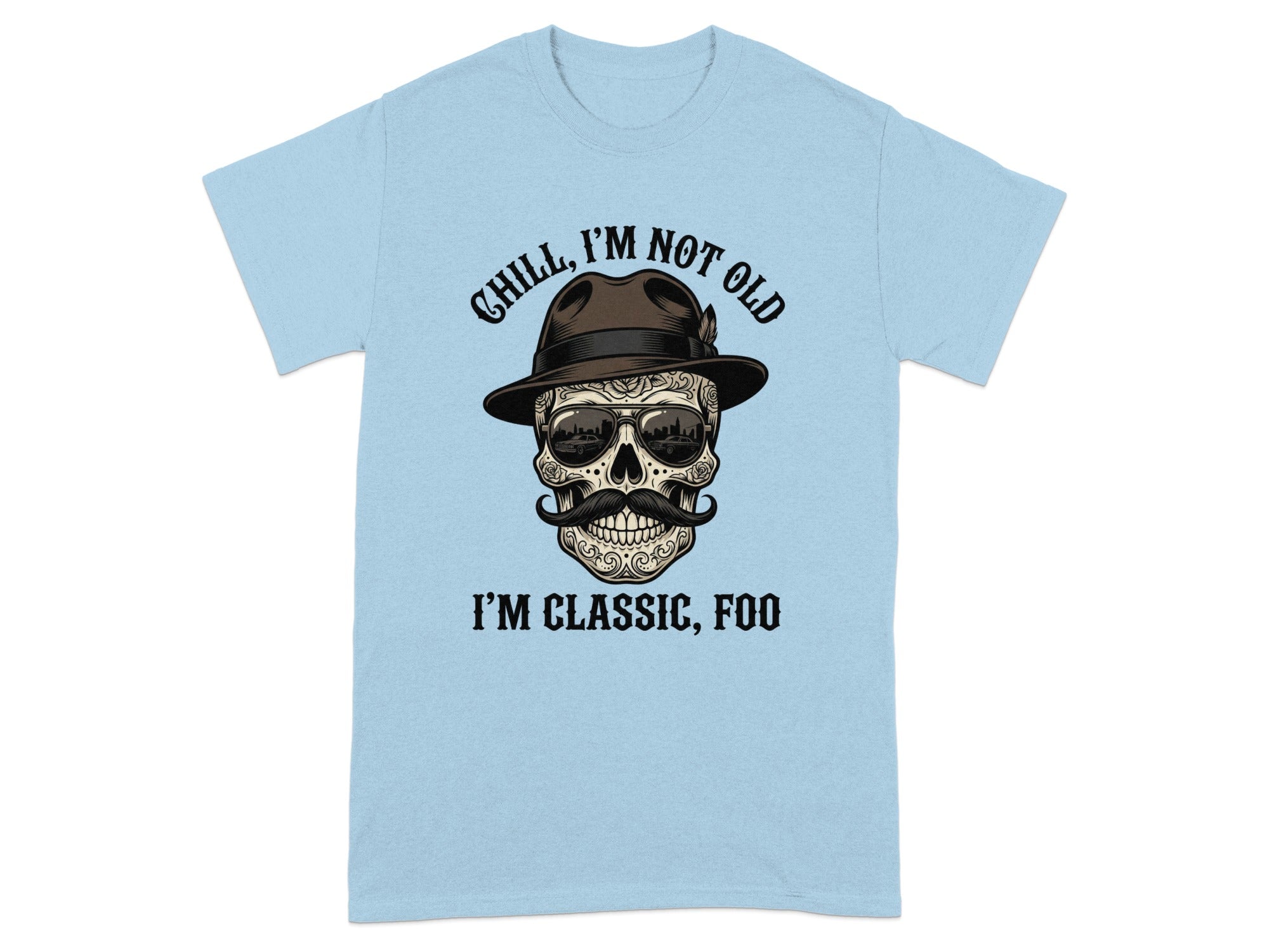 Light blue t-shirt with a skull wearing sunglasses and a fedora.