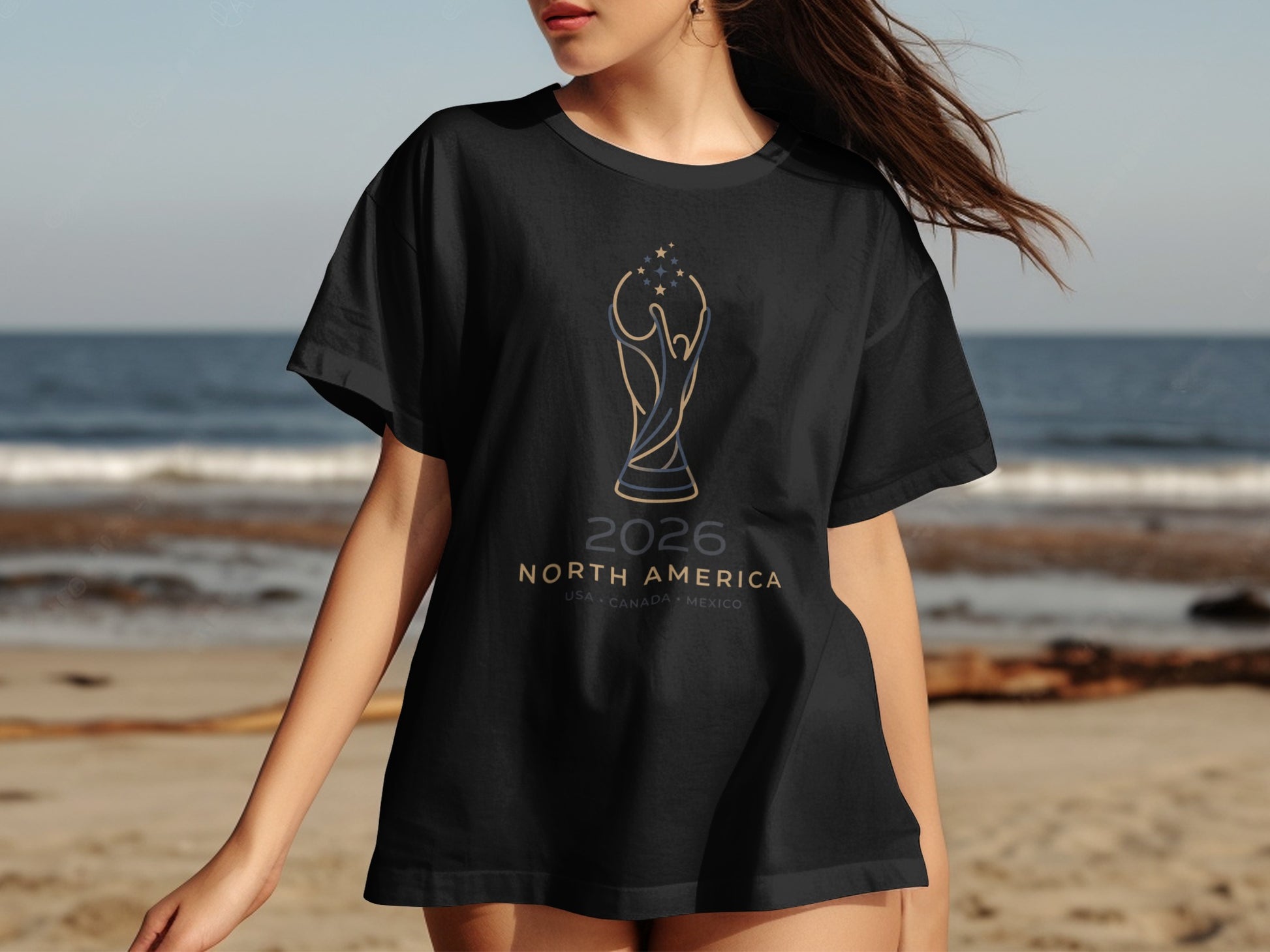 Black t-shirt featuring "2026 North America USA Canada Mexico" text and trophy graphic.