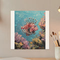 Oil painting of a vibrant red and white lionfish swimming near coral.